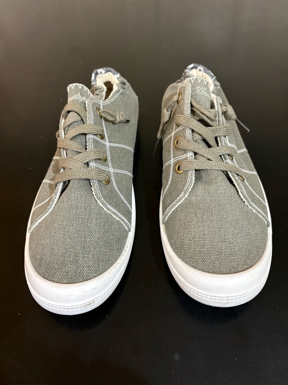 Casual Olive/gray Canvas Slip-On Sneakers with Laces - Picture 2 of 11